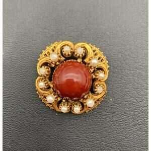 Vintage Florenza Open Work Gold Tone Faux Pearl Dark Wine Cabochon Brooch